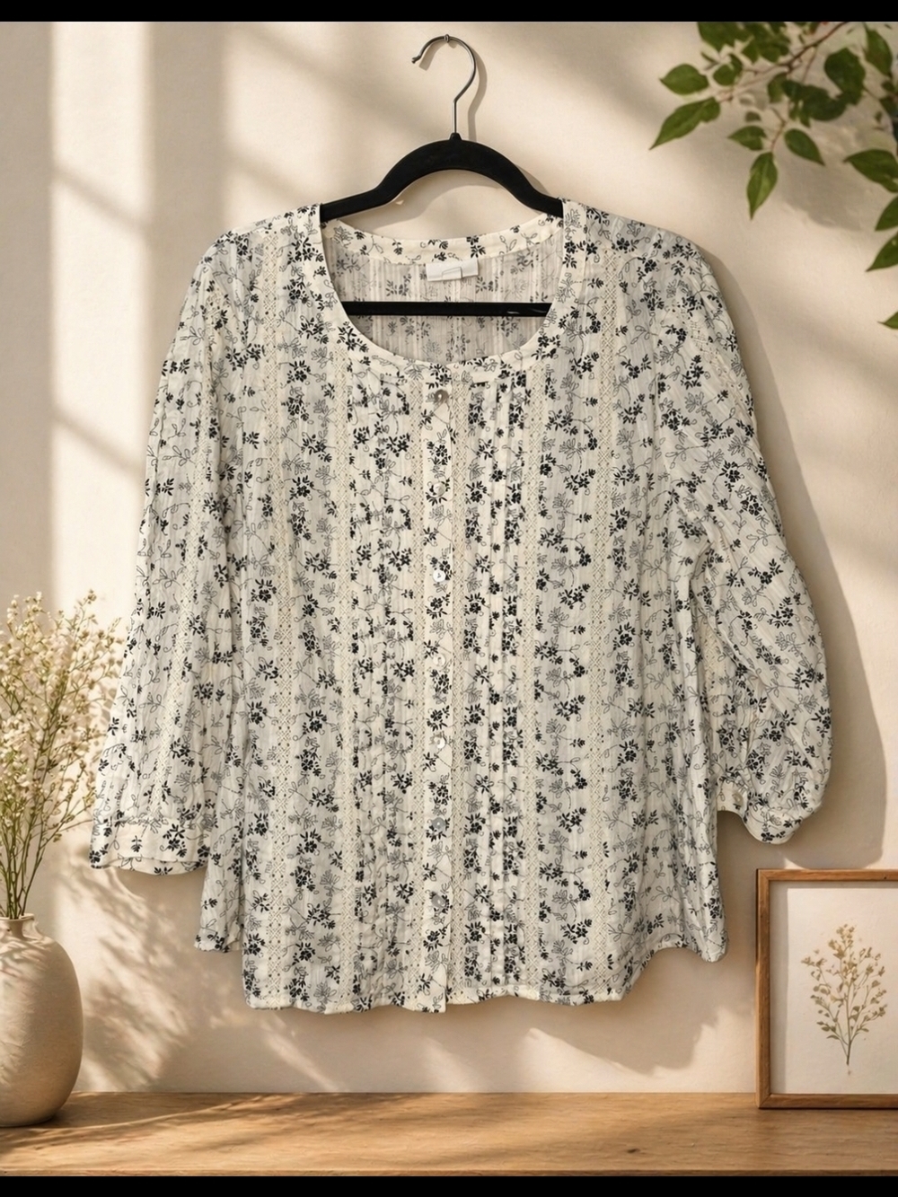 J. Jill White Blouse with Black Floral Print